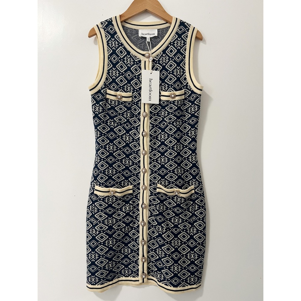 Heartloom Navy‎ Cream Geometric Knit Mini Dress Pearl Button Sleeveless XS NEW